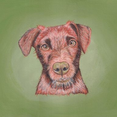 A painting of a Patterdale Terrier bronzed on green background