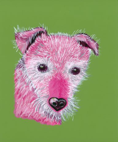 Pink Patterdale Terrier on a Pea Green Background, in acrylic paint.