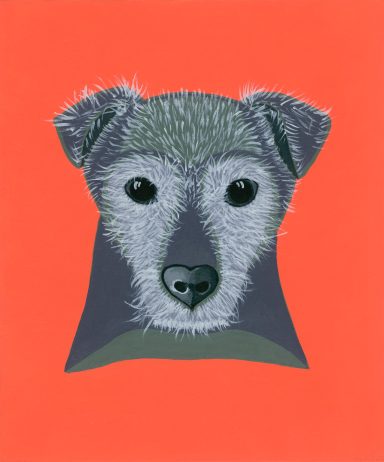 A painting of a Purple Zed on a Neon Orange Background