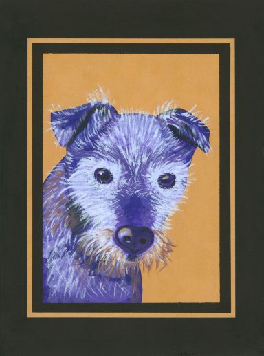 Acrylic Painting in a Pop Art Style of a Patterdale Terrier called Zed, in Purple and Gold