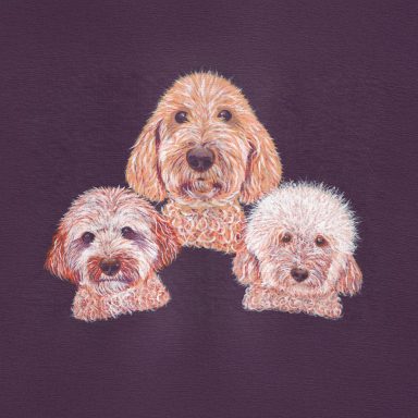 A family of three dog portraits in tangerine with a purple background